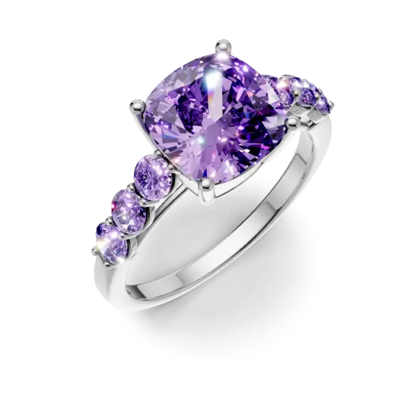 Inel din aur alb cu ametiste cushion si rotunde de 3.3ct