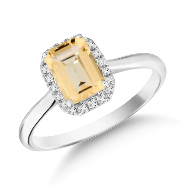 Inel din aur alb cu citrin emerald de 0.8ct si diamante de 0.1ct