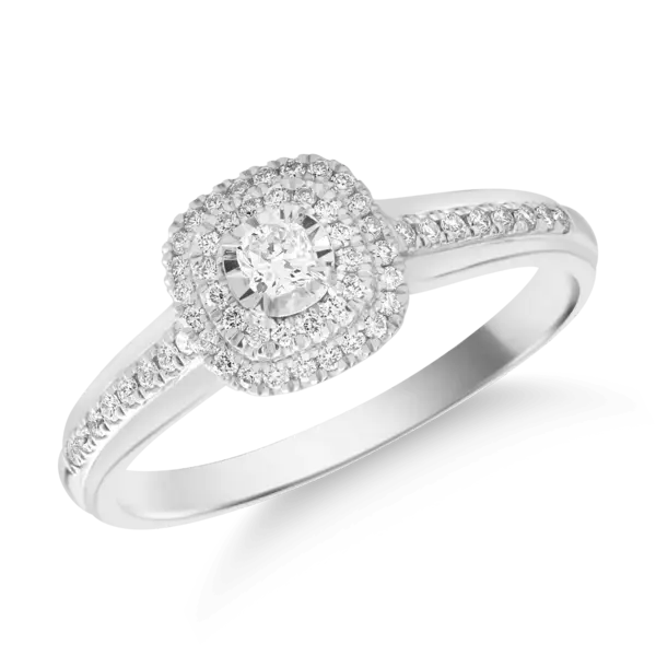 Inel din aur alb cu diamant cushion de 0.08ct si diamante de 0.1ct