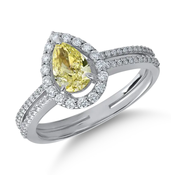 Inel din aur alb cu diamant fancy multicolor pear de 0.7ct si diamante transparente de 0.3ct