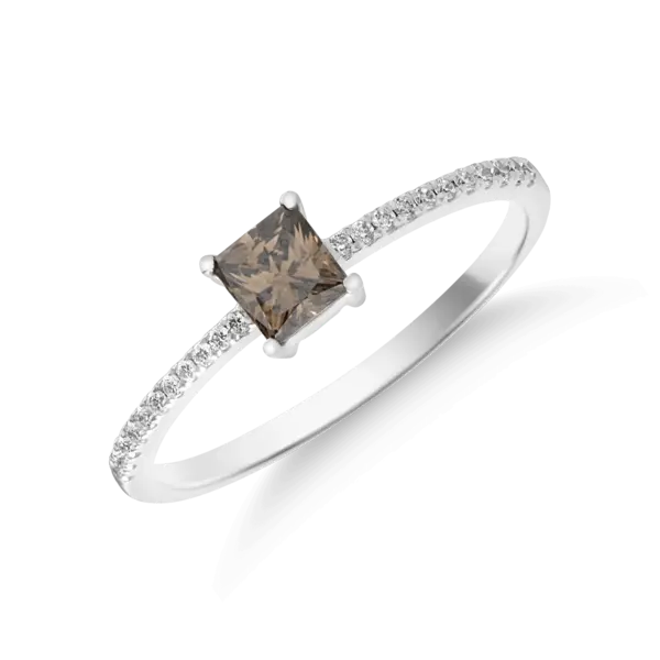 Inel din aur alb cu diamant maro de 0.45ct si diamante transparente de 0.09ct