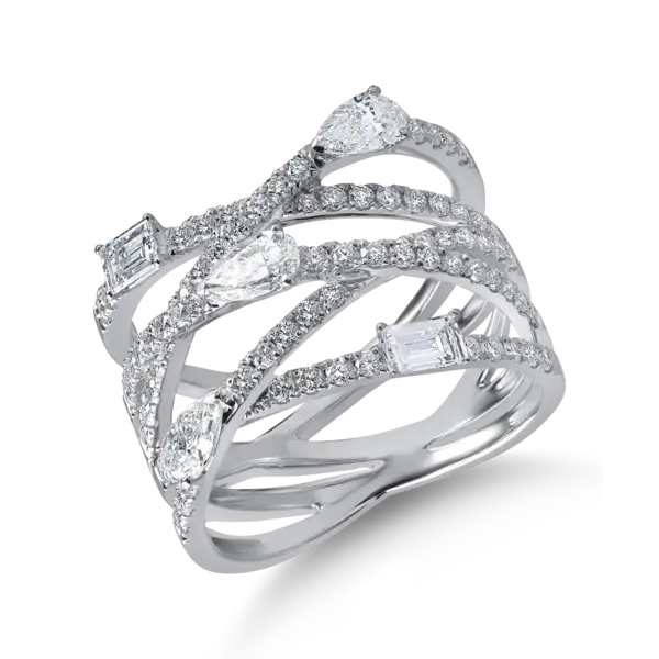 Inel din aur alb cu diamante baguette, pear si rotunde de 1.4ct
