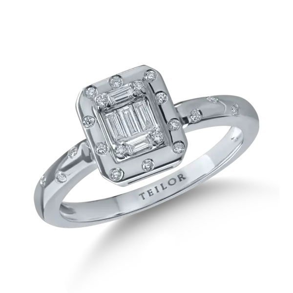 Inel din aur alb cu diamante baguette si rotunde de 0.2ct