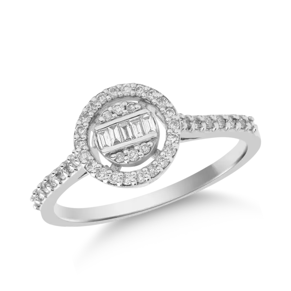 Inel din aur alb cu diamante baguette si rotunde de 0.3ct