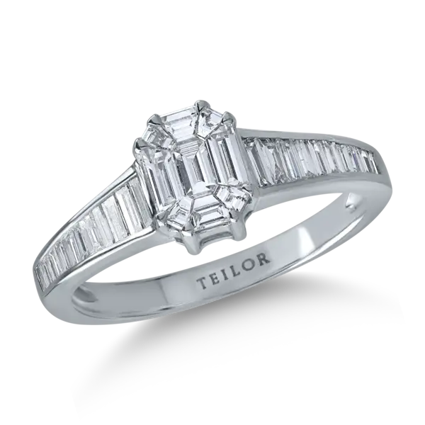 Inel din aur alb cu diamante baguette si rotunde de 0.8ct