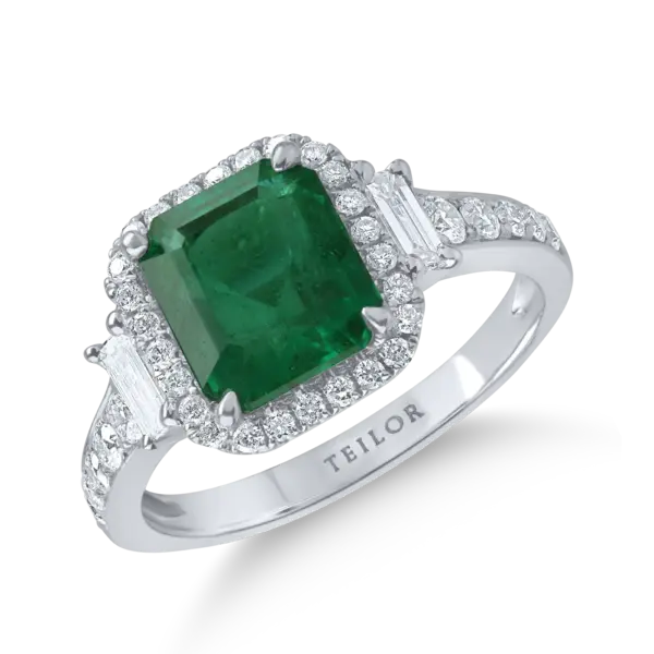 Inel din aur alb cu diamante baguette si rotunde de 0.91ct si smarald emerald de 2.32ct