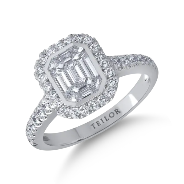 Inel din aur alb cu diamante baguette si rotunde de 0.9ct