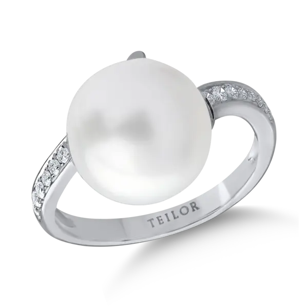 Inel din aur alb cu diamante de 0.24ct si perla de cultura