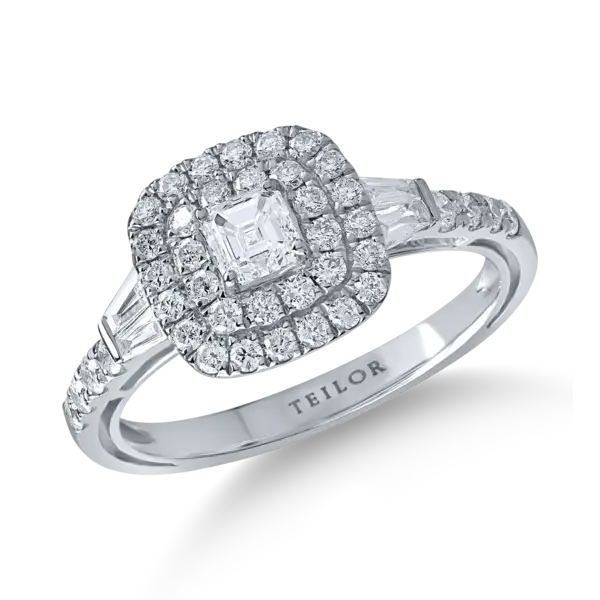 Inel din aur alb cu diamante microsetting assher, baguette si rotunde de 0.94ct