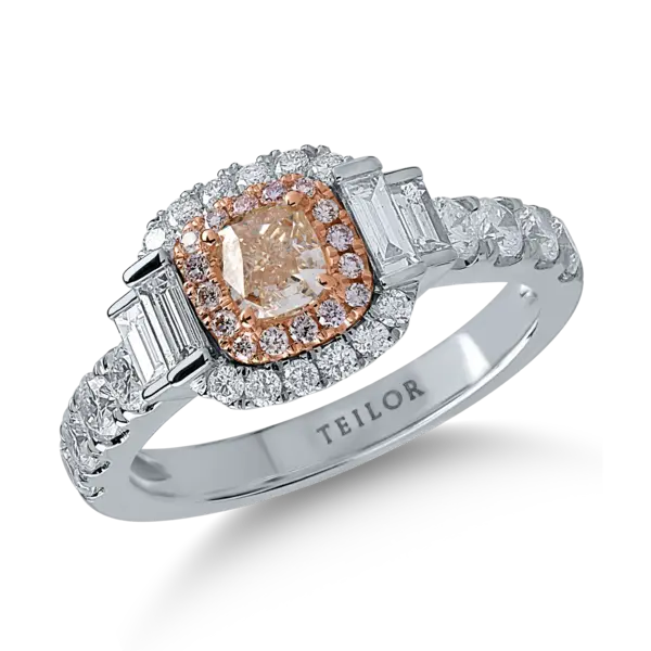 Inel din aur alb cu diamante transparente baguette si rotunde de 1.03ct si diamante roz cushion si rotunde de 0.6ct