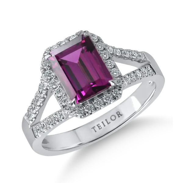 Inel din aur alb cu granat mov octogonal de 1.81ct si diamante de 0.38ct
