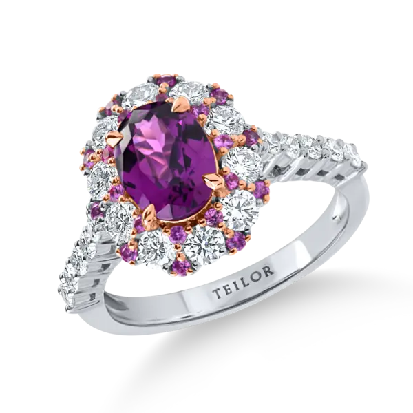 Inel din aur alb cu granat mov oval de 1.5 ct, diamante de 0.9ct si safire roz de 0.2ct