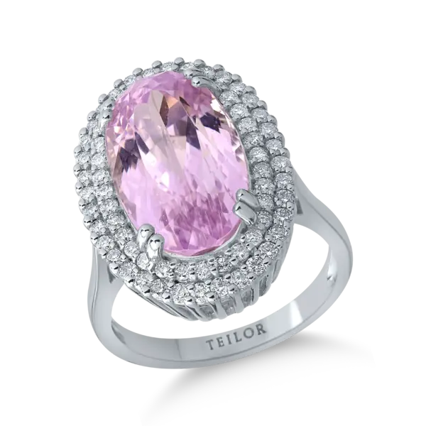 Inel din aur alb cu kunzit oval de 9.3ct si diamante de 0.7ct