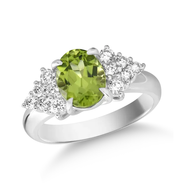 Inel din aur alb cu peridot oval de 1.9ct si diamante de 0.4ct