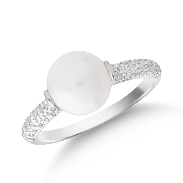 Inel din aur alb cu perla de cultura de 3.5ct si diamante de 0.152ct