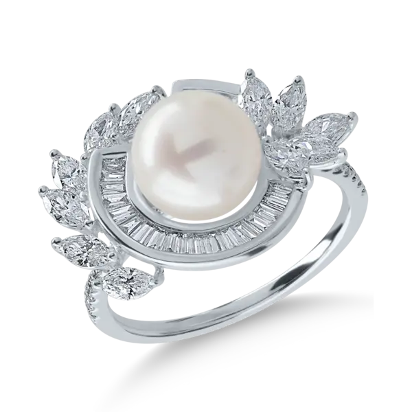 Inel din aur alb cu perla de cultura de 3.73ct si diamante de 0.98ct