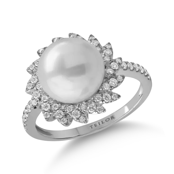 Inel din aur alb cu perla de cultura de 6.5ct si diamante de 0.23ct