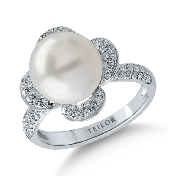 Inel din aur alb cu perla de cultura de 8.5ct si diamante de 0.4ct