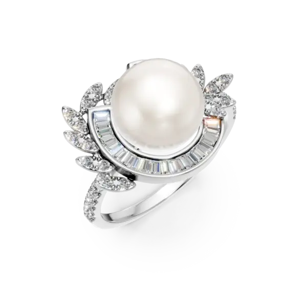 Inel din aur alb cu perle de cultura de 3.81ct si diamante de 0.44ct