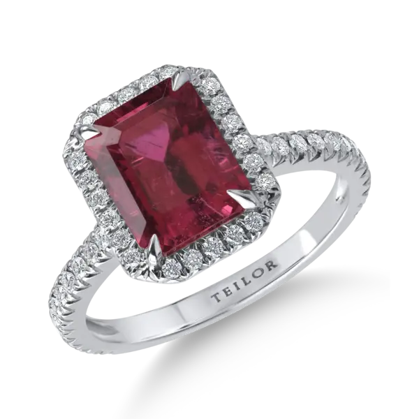 Inel din aur alb cu rubelit octogonal de 2.91ct si diamante de 0.35ct