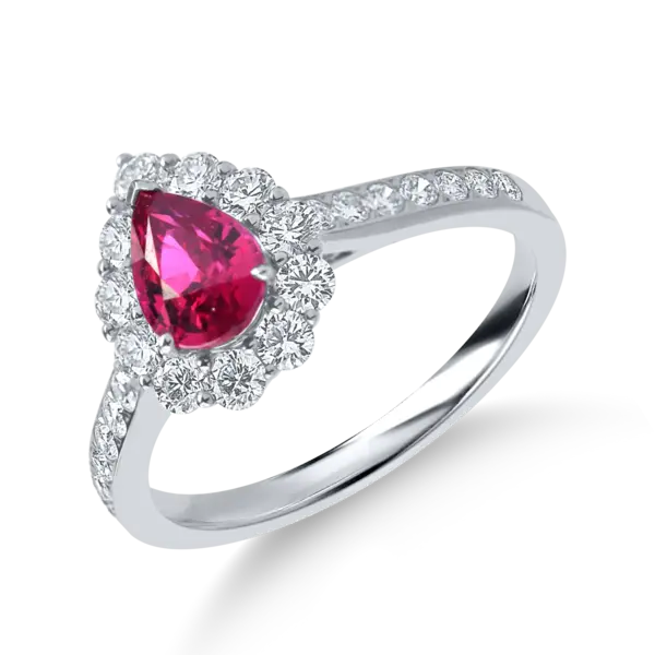 Inel din aur alb cu rubin pear si diamante de 1.8ct