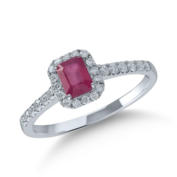 Inel din aur alb cu rubin rectangular de 0.6ct si diamante de 0.3ct