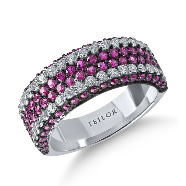 Inel din aur alb cu rubine de 1.3ct si diamante microsetting de 0.6ct