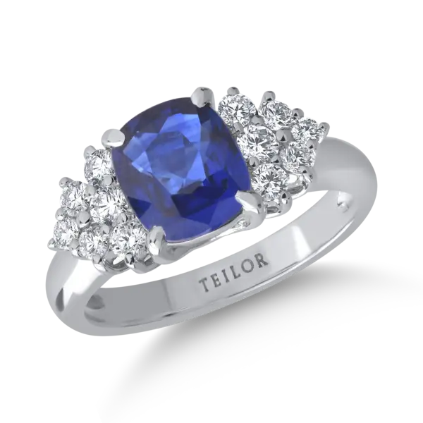 Inel din aur alb cu safir cushion de 2ct si diamante de 0.4ct
