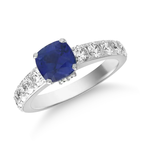 Inel din aur alb cu safir cushion de 2ct si diamante de 1ct