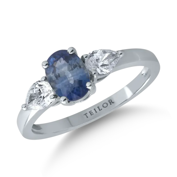 Inel din aur alb cu safir oval de 1.2ct si diamante de 0.4ct