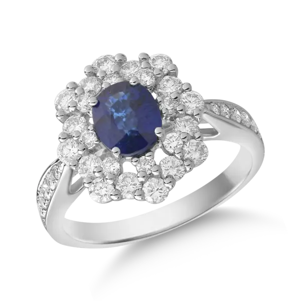 Inel din aur alb cu safir oval de 1.2ct si diamante de 1ct