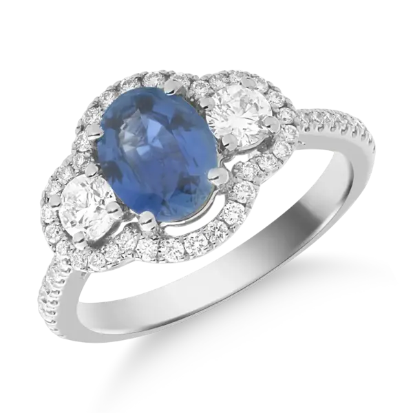 Inel din aur alb cu safir oval de 1.3ct si diamante de 0.6ct