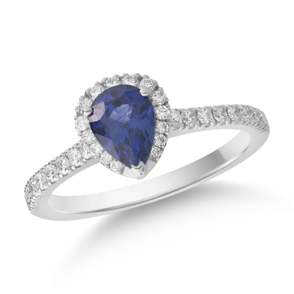 Inel din aur alb cu safir pear de 1.07ct si diamante de 0.3ct