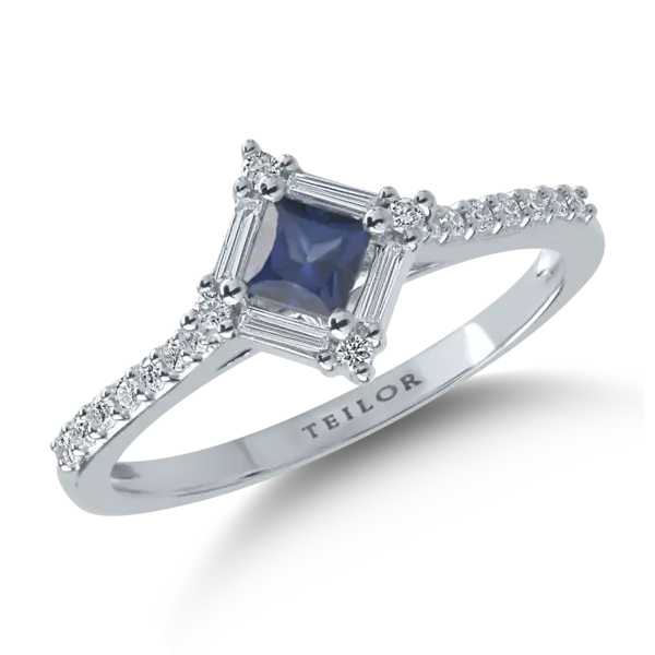 Inel din aur alb cu safir princess de 0.3ct si diamante de 0.18ct