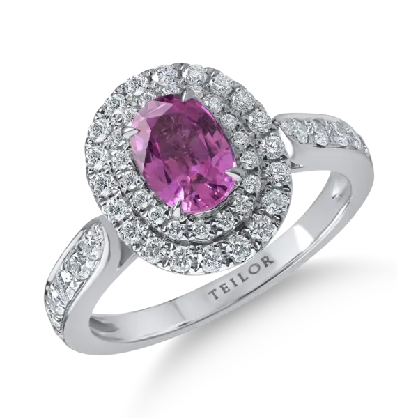 Inel din aur alb cu safir roz oval de 0.13ct si diamante de 0.6ct