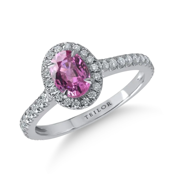 Inel din aur alb cu safir roz oval de 0.93ct si diamante de 0.29ct