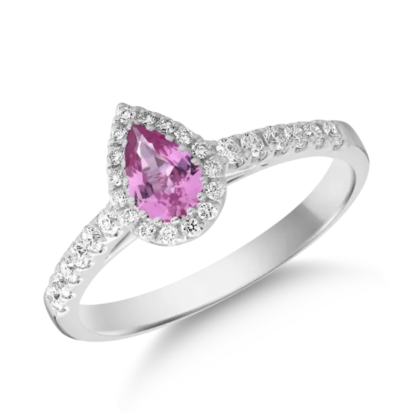 Inel din aur alb cu safir roz pear de 0.3ct si diamante de 0.2ct