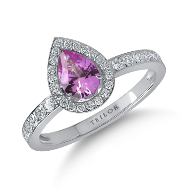 Inel din aur alb cu safir roz pear de 0.7ct si diamante de 0.3ct