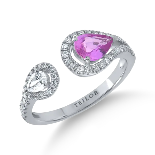 Inel din aur alb cu safir roz pear de 0.7ct si diamante de 0.4ct