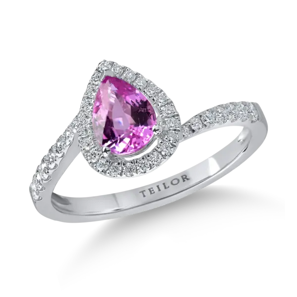 Inel din aur alb cu safir roz pear de 0.8ct si diamante de 0.2ct