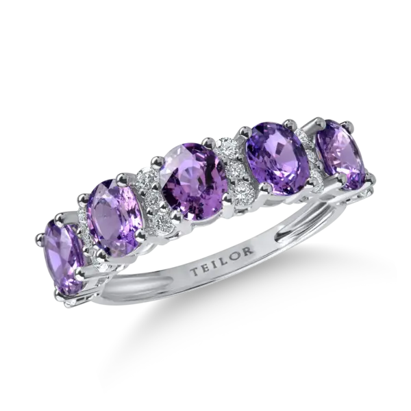 Inel din aur alb cu safire violet ovale de 2.13ct si diamante de 0.26ct