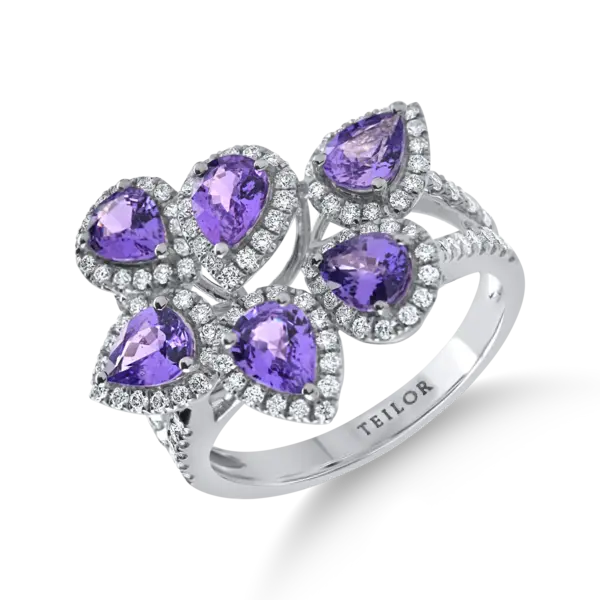 Inel din aur alb cu safire violet pear si diamante de 2.7ct
