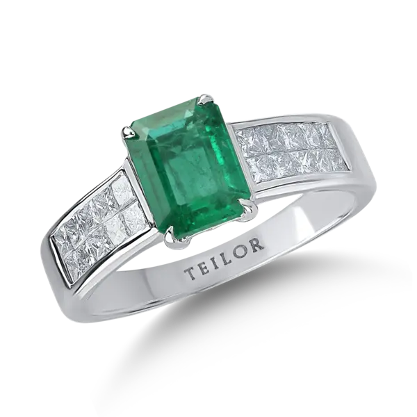 Inel din aur alb cu smarald emerald de 1.49ct si diamante de 0.7ct