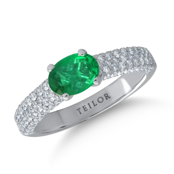 Inel din aur alb cu smarald oval de 0.7ct si diamante de 0.6ct
