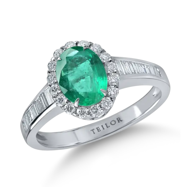 Inel din aur alb cu smarald oval de 0.9ct si diamante de 0.4ct