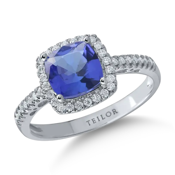 Inel din aur alb cu tanzanit cushion de 1.7ct si diamante de 0.2ct
