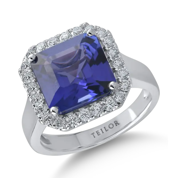 Inel din aur alb cu tanzanit de 5.45ct si diamante de 0.5ct