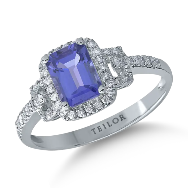 Inel din aur alb cu tanzanit emerald de 1.1ct si diamante de 0.2ct