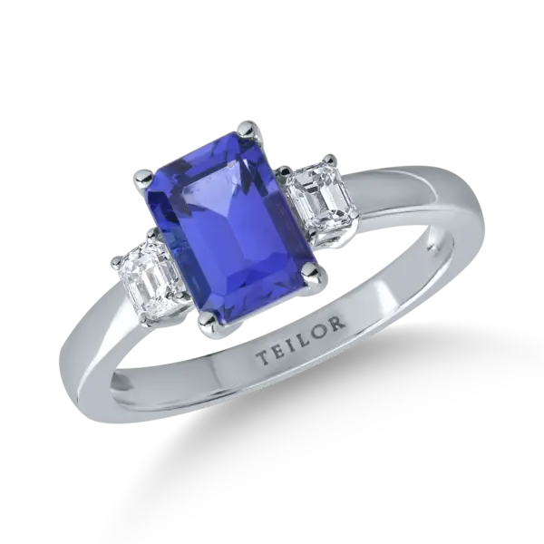 Inel din aur alb cu tanzanit emerald de 1.8ct si diamante de 0.3ct