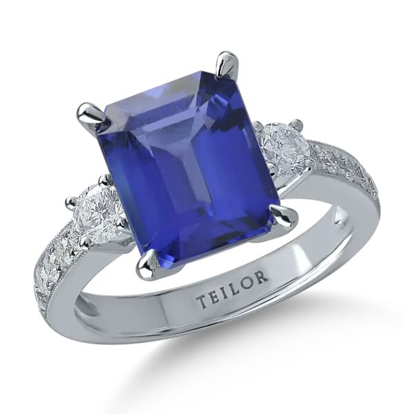 Inel din aur alb cu tanzanit emerald de 4.6ct si diamante de 0.6ct